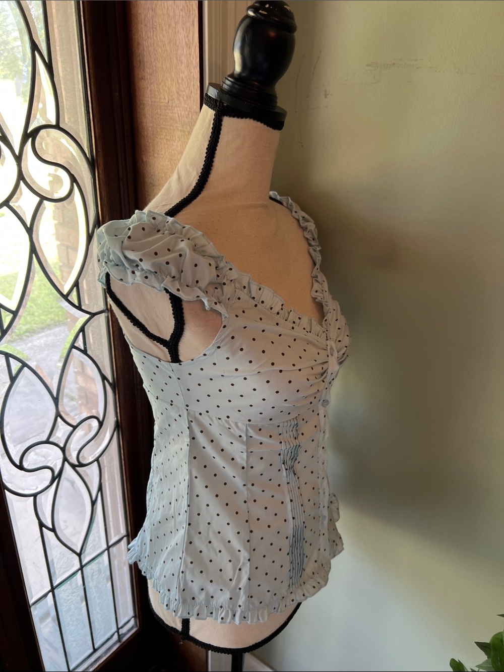 Light Blue Polka Dot Ruffle Button-Up Tank - Picture 5 of 7